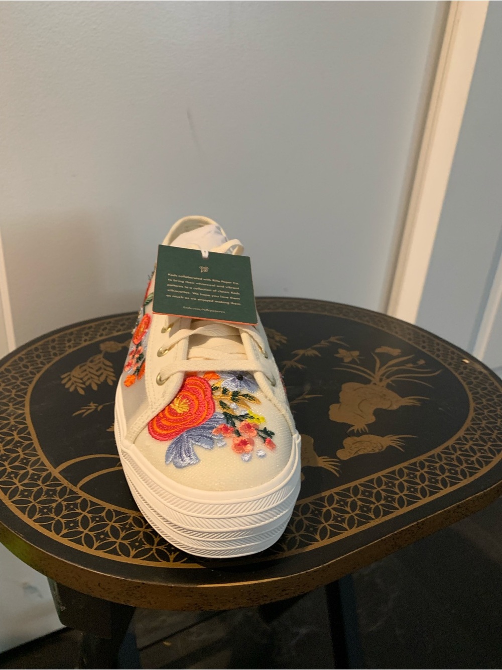 Rifle Paper Co. White Platform Sneaker with Floral Embroidery (Keds) mesh/canvas